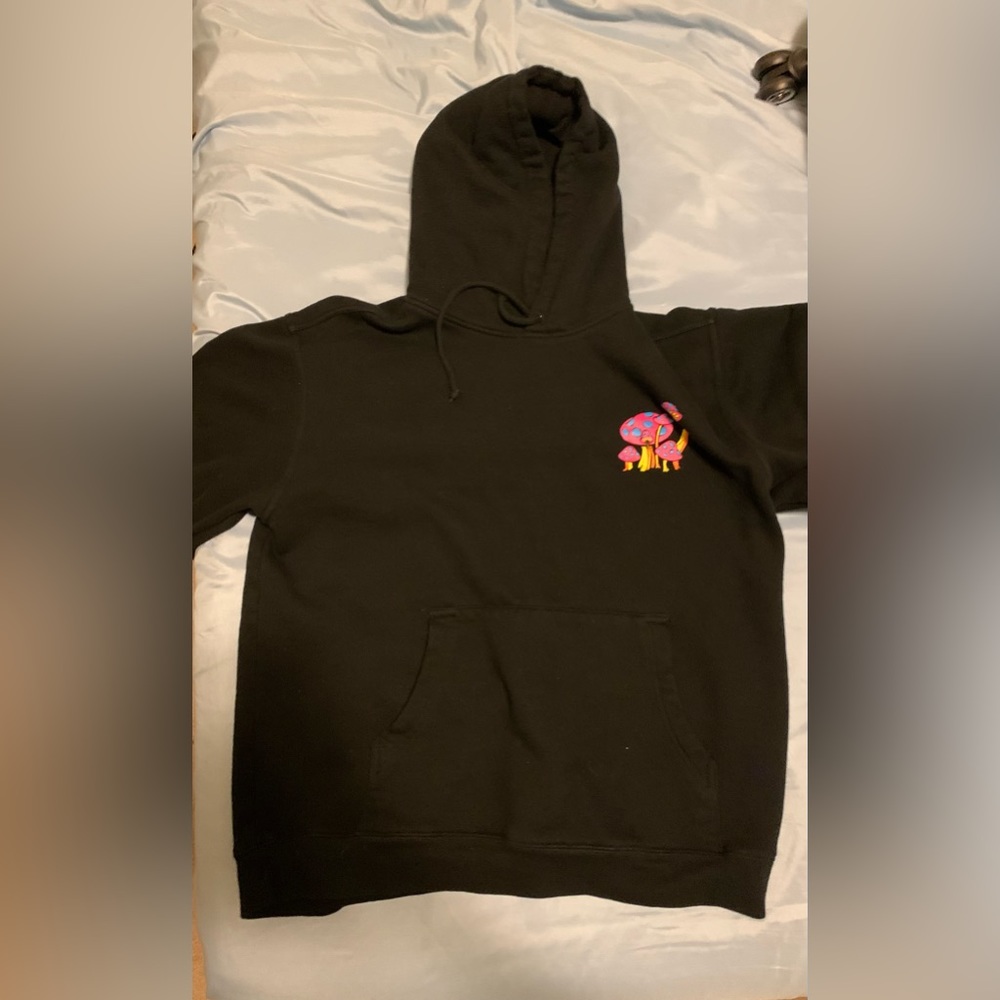 Black a-lab hoodie with mushroom design on front and back. Size L. Lightly used.